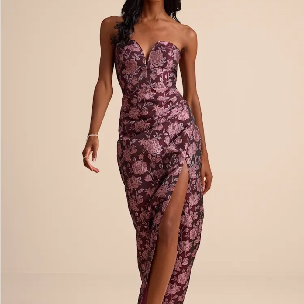 D’Amore Plum Floral Jacquard Strapless Tulip Maxi Dress